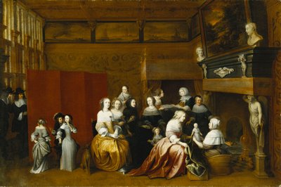 Damer som feirer et barns fødsel, og herrer som ser på fra bak en skjerm, i et interiør, av Hieronymus Janssens