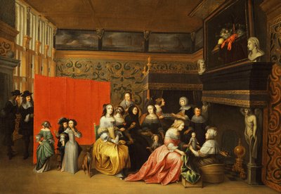 Damer som feirer et barns fødsel i en elegant Boudoir, av Hieronymus Janssens