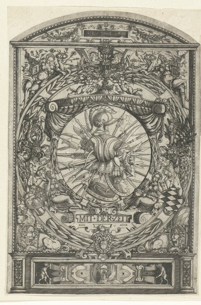 Medaljong med våpentrofé i ornamental ramme av Hieronymus Wechinger