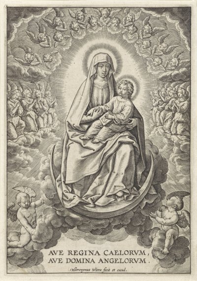 Maria med Kristusbarnet på halvmånen Ave Regina Caelorum, Ave Domina Angelorvm (tittel på objekt) av Hieronymus Wierix