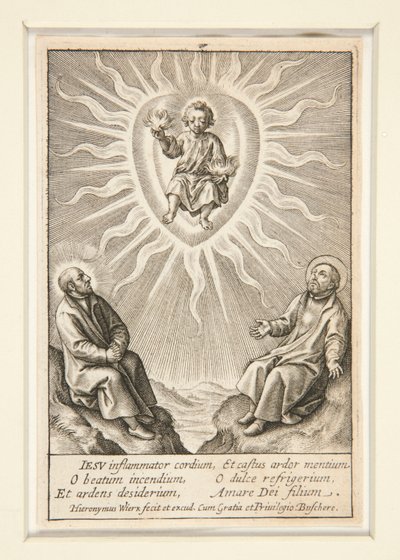 Spedbarnet med et flammende hjerte mellom Ignatius av Loyola og Francis Xavier av Hieronymus Wierix