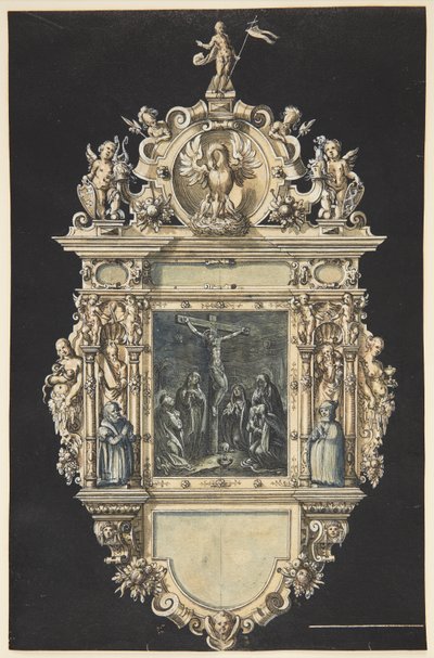 Utkast til et epitafium med Kristi korsfestelse. En rikt ornamentert ramme med tallrike figurer av Hieronymus Wierix