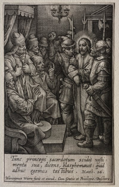 Lidenskapen: Kristus foran ypperstepresten. av Hieronymus or Jerome Wierix