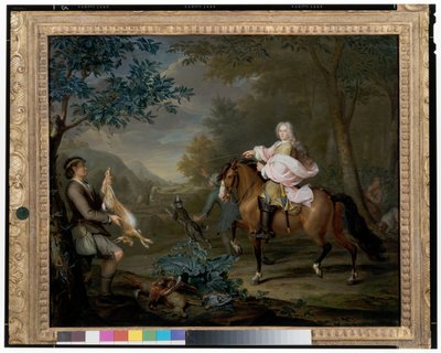 En gentleman på hesteryggen med jegere i et omfattende landskap av Hieronymus van der Mij