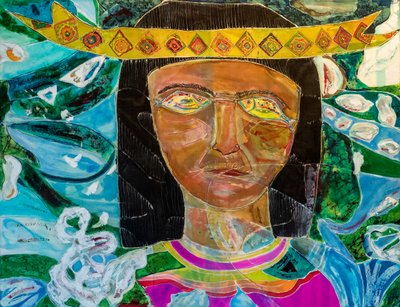 Amazonas-Shaman Olivia Arevalo, 2022 (farge og maling på silke) av Hilary Simon