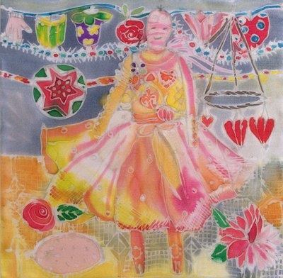 Fe med hjerter og blomster, 2006 (farger på silke) av Hilary Simon