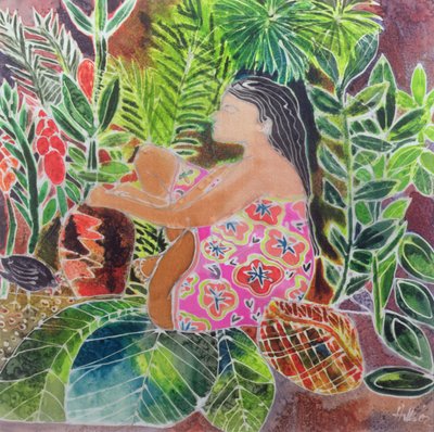 Potter in the Tropics (farget blekk på silke) av Hilary Simon