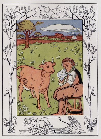 Den gamle mannen og hans kone (farge litho) av Hilda Broughton