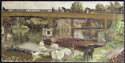 Swans, Cookham Bridge (olje på lerret) av Hilda Carline