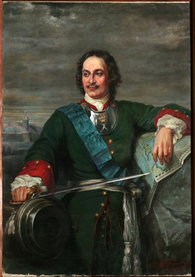 Portrett av Peter I den store (1672-1725) Tsar av Russland - Peter den store (etter Hippolyte Delaroche) - Bezler-Ciszewska, Henryka - 1914 - Olje på lerret - 170x119 - Regionalt I. Kramskoi kunstmuseum, Voronezh av Hippolyte Delaroche