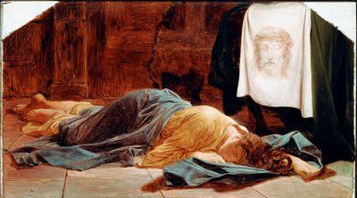 Heilige Veronika. Die junge Frau ist in der Nähe des Heiligen Schweißtuchs ohnmächtig. Das Heilige Tuch zeigt das Gesicht Christi, dessen Schweiß Veronika während des Aufstiegs nach Golgatha abgewischt haben soll. Gemälde von Paul Delaroche (1797-1856) 19. von Paul Delaroche