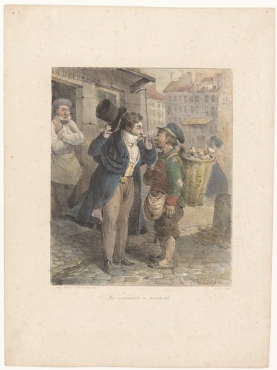 Velkledd herre tenner sigaren fra pipen til en arbeider i filler Les extrêmes se touchent (tittel på objekt) Litografiske skisser (serietittel) Croquis lithographiques (serietittel på objekt) av Hippolyte Bellange