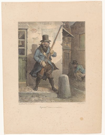 Militære ringer korporal, som gjør forretningene sine på gaten kaporal! Venez reconnaître (tittel på objekt) Litografiske skisser (serietittel) Croquis lithographiques (serietittel) av Hippolyte Bellange