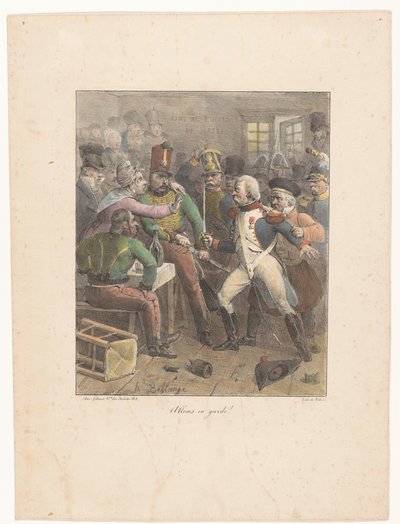 To soldater krysser sverd på en pub Vær på vakt! (tittel på objekt) Litografiske skisser (serietittel) Croquis lithographiques (serietittel) av Hippolyte Bellange