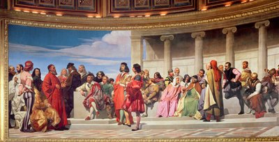 Hemicycle: Artists of All Ages, detalj på venstre side, 1836-41 fresco se også 83554 og 83555 av Hippolyte Delaroche