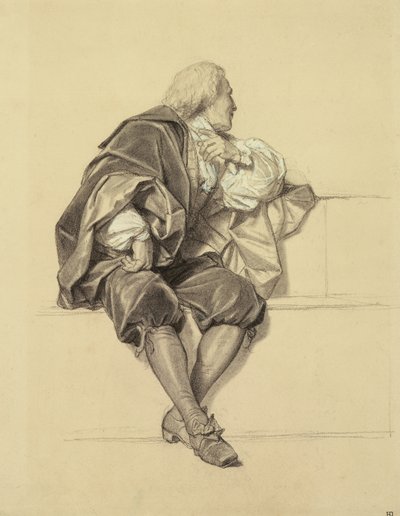 Studie for Portrait of Pierre Puget (1620-94) i Hemicycle ved Ecole des Beaux Arts (blyant og kull på papir) av Hippolyte Delaroche