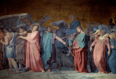Kristus bærer sitt kors Detalj av en fresco av Hyppolithe Flandrin (1800-1864) Saint Germain des Pres-kirken fra 1800-tallet, Paris av Hippolyte Flandrin