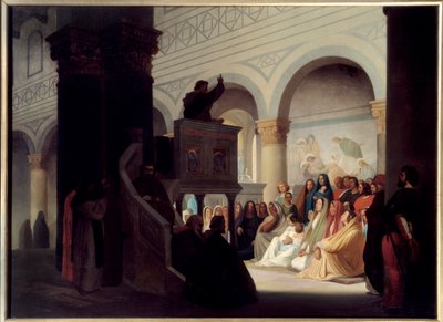 Savonarole (1452-1498) predikant i San Miniato i Firenze. Jerome Savonarole, på italiensk Girolamo Savonarola (1452-1498), dominikansk bror og italiensk predikant som styrer Firenze fra 1494 til 1498. Maleri av Hippolyte Flandrin (1809-1864) av Hippolyte Flandrin