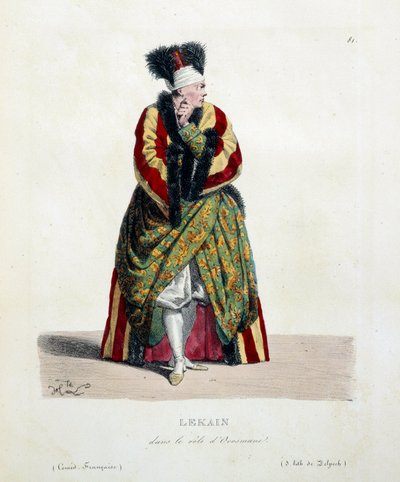 Den franske skuespilleren Henri Louis Cain kalte Lekain eller Le Kain (1729-1778) i rollen som Orosmane i Voltaires skuespill Zaire (1694-1746) ved den franske komedie. Litografi av Hippolyte Lecomte (1781-1857) privatsamling fra 1800-tallet av Hippolyte Lecomte