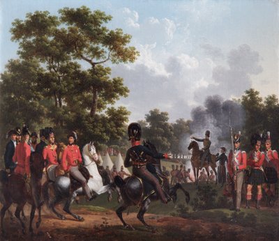 Hertugen av Wellington besøker utpostene ved Soignies (olje på lerret) av Hippolyte Lecomte