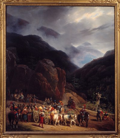 Tilbakekomsten av slaget ved Marignan Armees av Francois I som returnerte fra Marignan (Maregnano) 14.09.1515. Maleri av Hippolyte Lecomte (1781-1857) 1829 Søn. 0,54x0,65 m Bourg En Bresse. Brou Museum av Hippolyte Lecomte