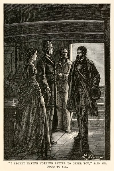 '"Jeg angrer på at jeg ikke har noe bedre å tilby deg", sa Mr Fogg to Fix', fra 'Around the World in Eighty Days' av Jules Verne (1828-1905) gravert av Henri-Théophile Hildebrand (1824-97) av Hippolyte Leon (after) Benett