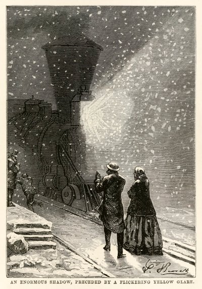 En enorm skygge, innledet av et flimrende gult gjenskinn, fra Around the World in Eighty Days av Jules Verne (1828-1905) gravert av Adolphe François Pannemaker (1822-1900), 1873 av Hippolyte Leon after Benett