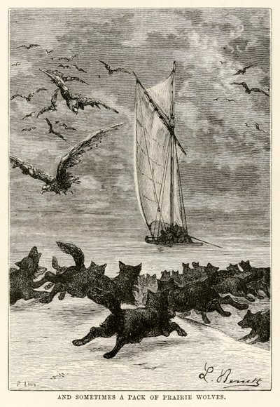 Og noen ganger en flokk med prærieulver, fra Around the World in Eighty Days av Jules Verne (1828-1905) gravert av Louis, 1873 av Hippolyte Leon after Benett