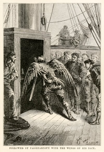 Etterfulgt av Passepartout med vingene på ryggen, fra Jorden rundt på åtti dager av Jules Verne (1828-1905), gravert av Adolphe François Pannemaker (1822-1900), 1873 av Hippolyte Leon after Benett