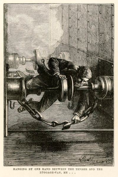 Han henger med én hånd mellom anbudet og bagasjebilen og... fra Around the World in Eighty Days av Jules Verne (1828-1905) gravert av Louis, 1873 av Hippolyte Leon after Benett
