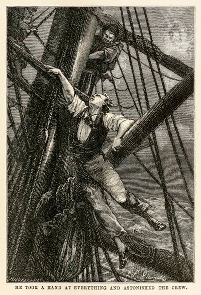 Han tok en hånd på alt og overrasket mannskapet, fra Jorden rundt på åtti dager av Jules Verne (1828-1905) gravert av Henri-Théophile Hildebrand (1824-97), 1873 av Hippolyte Leon after Benett