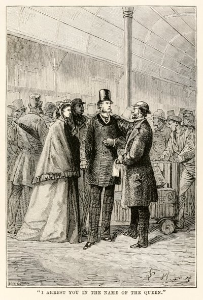 Jeg arresterer deg i dronningens navn, fra Around the World in Eighty Days av Jules Verne (1828-1905), 1873 av Hippolyte Leon after Benett