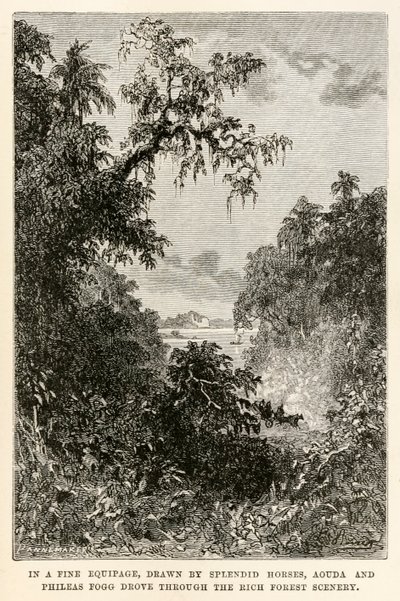 I et fint utstyr, tegnet av flotte hester, kjørte Aouda og Phileas Fogg gjennom det rike skoglandskapet, fra Jorden rundt på åtti dager av Jules Verne (1828-1905) gravert av Henri-Théophile av Hippolyte Leon after Benett