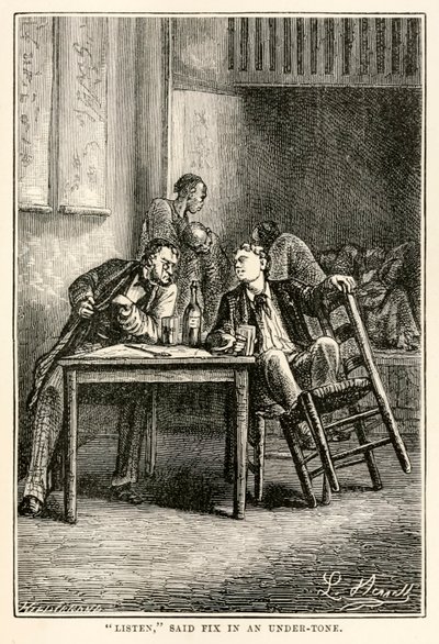 Hør, sa Fix i en undertone, fra Around the World in Eighty Days av Jules Verne (1828-1905) gravert av Henri-Théophile Hildebrand (1824-97), 1873 av Hippolyte Leon after Benett