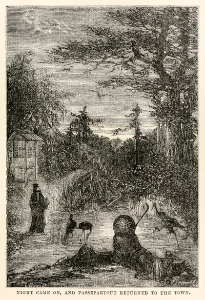 Natten kom, og Passepartout kom tilbake til byen, fra Around the World in Eighty Days av Jules Verne (1828-1905), gravert av Louis Prevost, 1873 av Hippolyte Leon after Benett