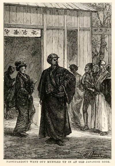 Passepartout gikk ut dempet i en gammel japansk kappe, fra Around the World in Eighty Days av Jules Verne (1828-1905), gravert av Louis Prevost, 1873 av Hippolyte Leon after Benett