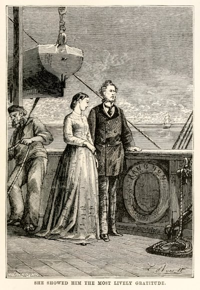 Hun viste ham den mest livlige takknemlighet, fra Jorden rundt på åtti dager av Jules Verne (1828-1905) gravert av Henri-Théophile Hildebrand (1824-97), 1873 av Hippolyte Leon after Benett