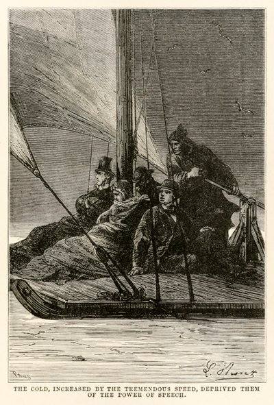 Kulden, økt med den enorme hastigheten, fratok dem talens kraft, fra Jorden rundt på åtti dager av Jules Verne (1828-1905) gravert av Adolphe François Pannemaker (1822-1900), av Hippolyte Leon after Benett