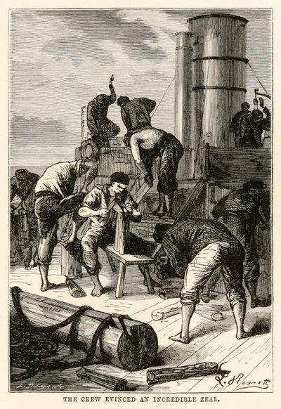 Mannskapet viste en utrolig iver, fra Around the World in Eighty Days av Jules Verne (1828-1905) gravert av Louis Dumont (f.1822), 1873 av Hippolyte Leon after Benett