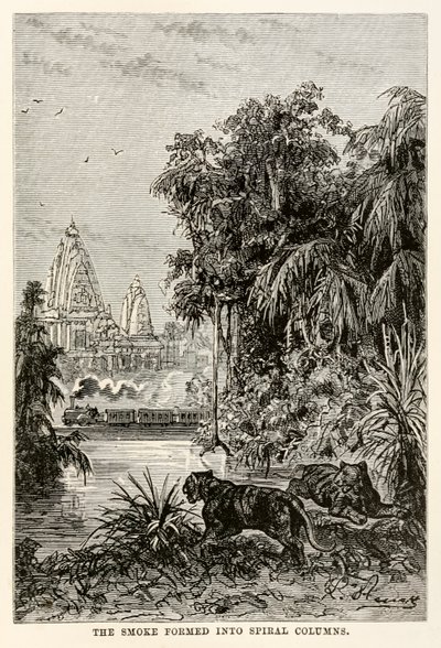 Røyken dannet seg til spiralsøyler, fra Around the World in Eighty Days av Jules Verne (1828-1905), 1873 av Hippolyte Leon after Benett