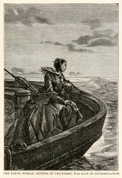 Den unge kvinnen, som satt i hekken, gikk tapt i kontemplasjon, fra Around the World in Eighty Days av Jules Verne (1828-1905), gravert av Jean Louis Prevost, (1790-1850), 1873 av Hippolyte Leon after Benett