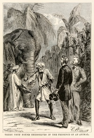 Der befant de seg i nærvær av et dyr, fra Around the World in Eighty Days av Jules Verne (1828-1905), gravert av Adolphe François Pannemaker (1822-1900), 1873 av Hippolyte Leon after Benett