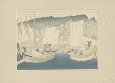 Båter i havnen i Shiogama Shiogama (tittel på objekt) Del tre, Tôhoku-området (serietittel) Dai sanshû, Tôhoku no bu (serietittel på objekt) Trykk av japanske landskap (serietittel) Nihon fûkei hanga (serietittel på objekt) av Hirafuku Hyakusui