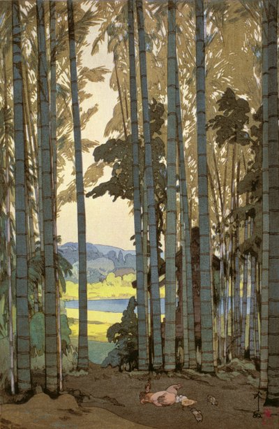 Høner i bambus (farget treblokktrykk) av Hiroshi Yoshida