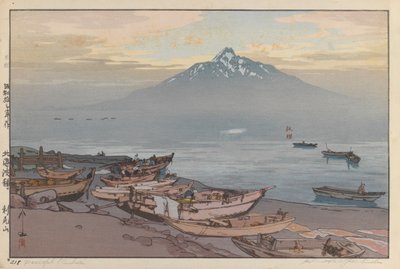 Fredelig Rishiri (treblokktrykk på papir) av Hiroshi Yoshida