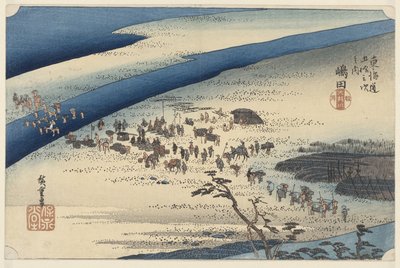 De Suruga oever van de Oi rivier i Shimada Shimada Oigawa Sungan (tittel på objekt) De 53 stasjonene van de Tokaido (serietittel) Tokaido gojusan tsugi no uchi (serietittel på objekt) av Hiroshige (I) , Utagawa