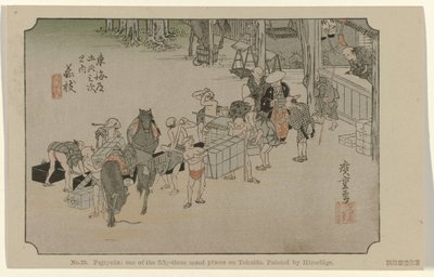 Fujieda Nr. 23. Fujiyeda: en av de femtitre kjente stedene på Tokaido, malt av Hiroshige (tittel på objekt) De Tôkaidô van Hiroshige (serietittel) Hiroshige no fude Tôkaidô (serietittel på objekt) av Hiroshige (I) , Utagawa