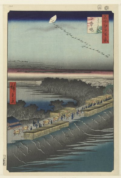 Utsikt over Nihonddijk ved Yoshiwara Yoshiwara Nihonzutsumi (tittel på objekt) Hundre kjente ansikter på Edo (serietittel) Meisho Edo hyakkei (serietittel på objekt) av Hiroshige (I) , Utagawa