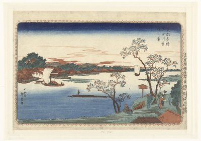 Kirsebærtrær i blad langs Sumida-elven Sumidagawa hazakura no kei (tittel på objekt) Kjente steder i den østlige hovedstaden (serietittel) Toto meisho (serietittel på objekt) av Hiroshige (I) , Utagawa