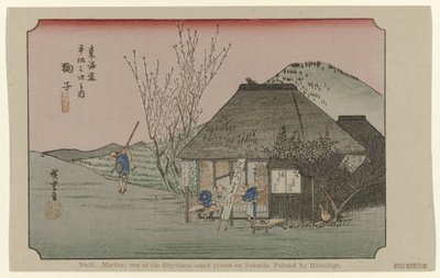 Mariko Nr. 21. Mariko: et av de femtitre kjente stedene på Tokaido, malt av Hiroshige De Tôkaidô van Hiroshige (serietittel) Hiroshige no fude Tôkaidô (serietittel på objekt) av Hiroshige (I) , Utagawa